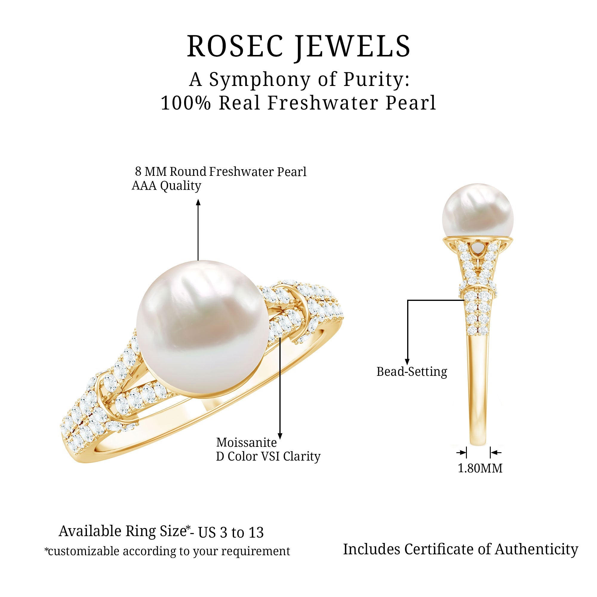 Natural 8 MM Pearl Solitaire Engagement Ring with Moissanite
