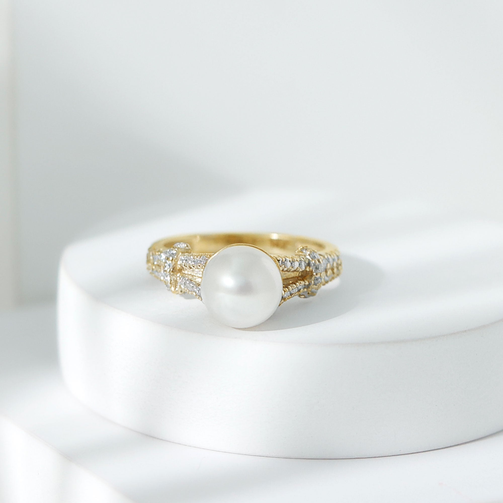 Natural 8 MM Pearl Solitaire Engagement Ring with Moissanite