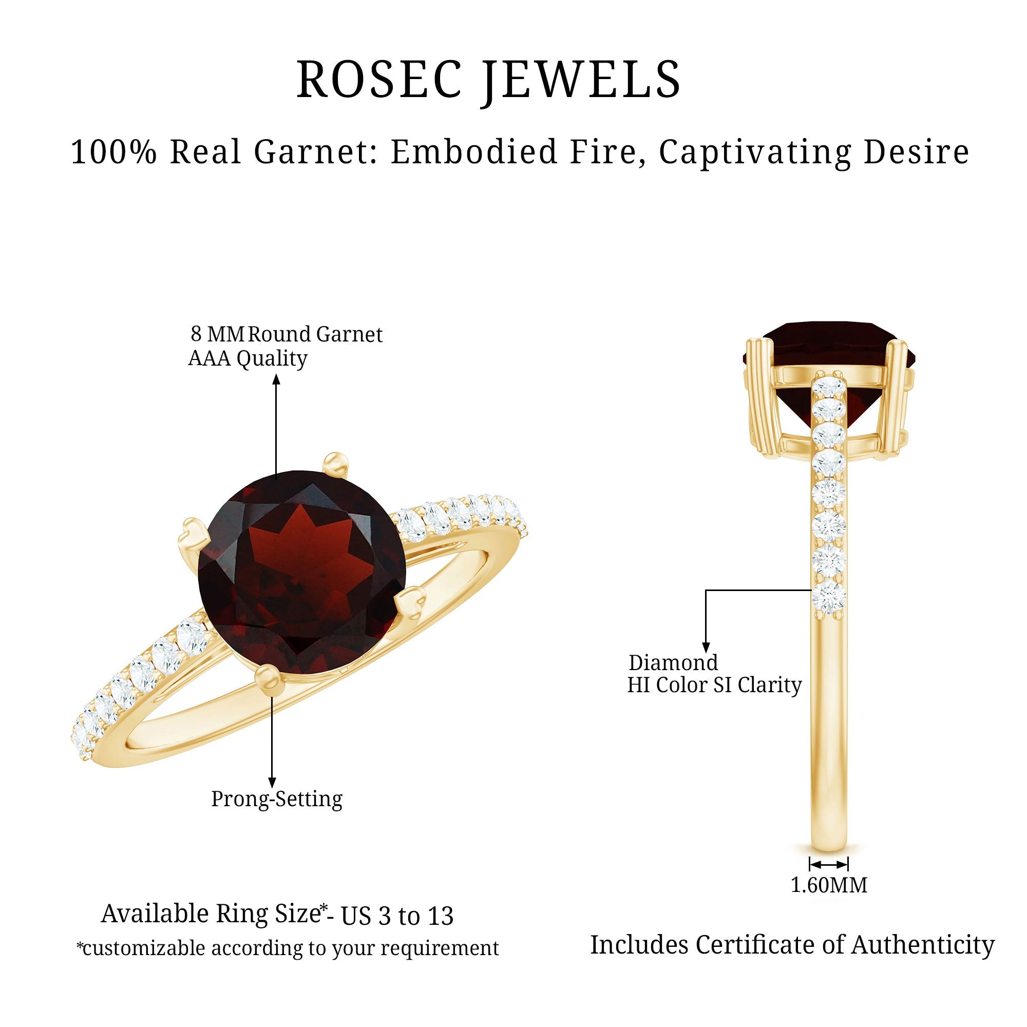 Certified Natural 8mm Garnet Big Engagement Ring with Diamond