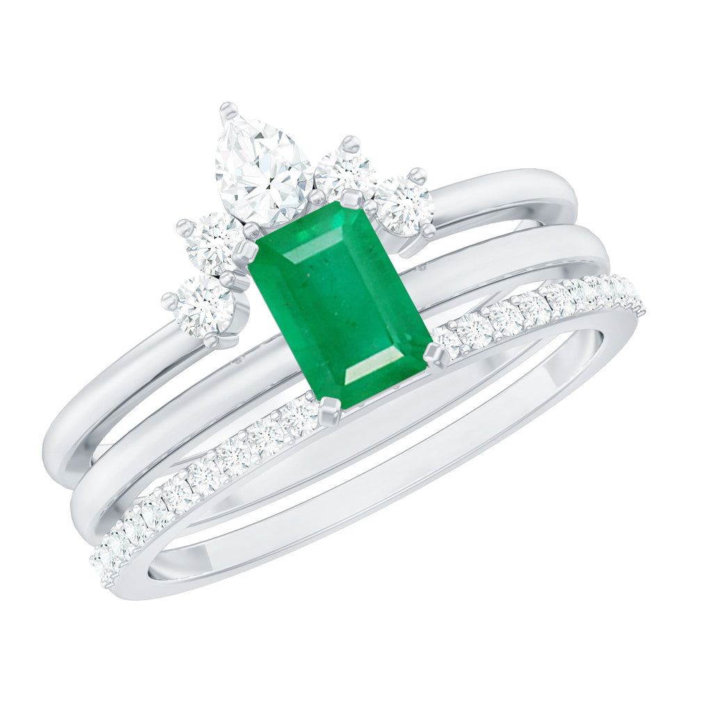 Natural Emerald Cut Emerald Diamond Bridal Ring Set of 3