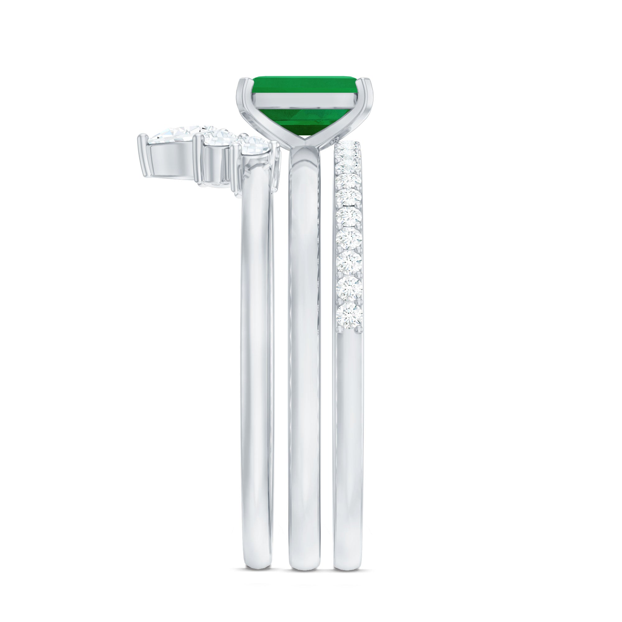 Natural Emerald Cut Emerald Diamond Bridal Ring Set of 3