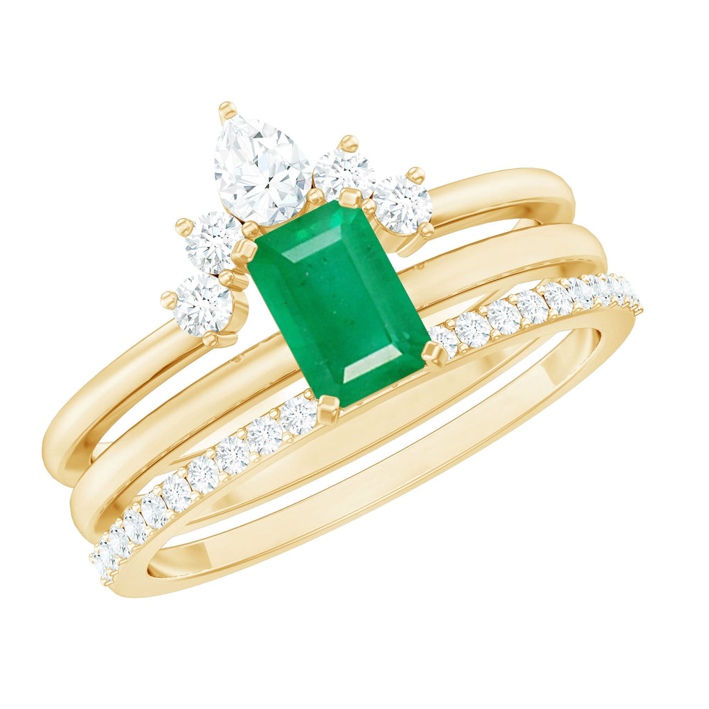 Natural Emerald Cut Emerald Diamond Bridal Ring Set of 3