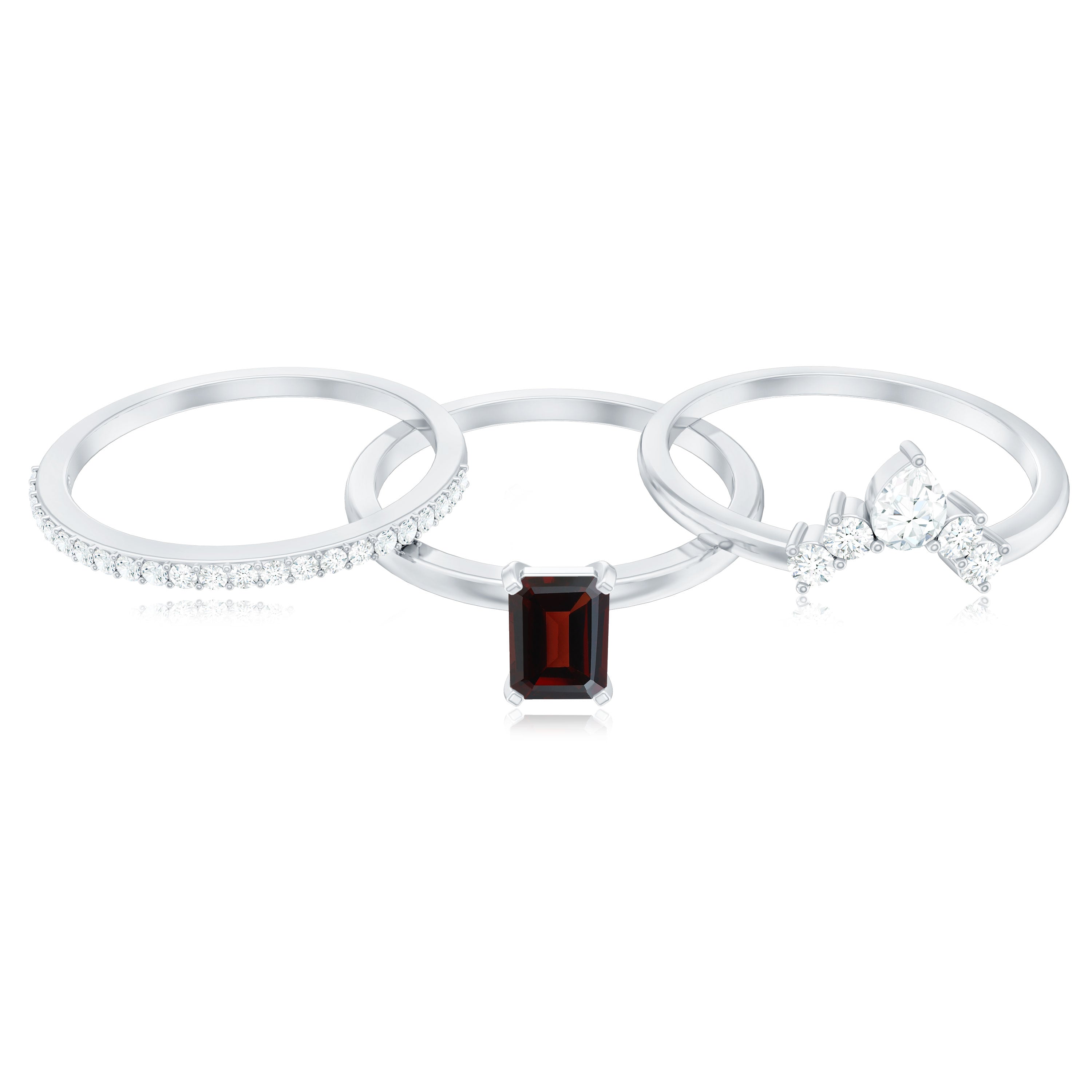 Natural Emerald Cut Garnet Diamond 3 Piece Wedding Ring Set