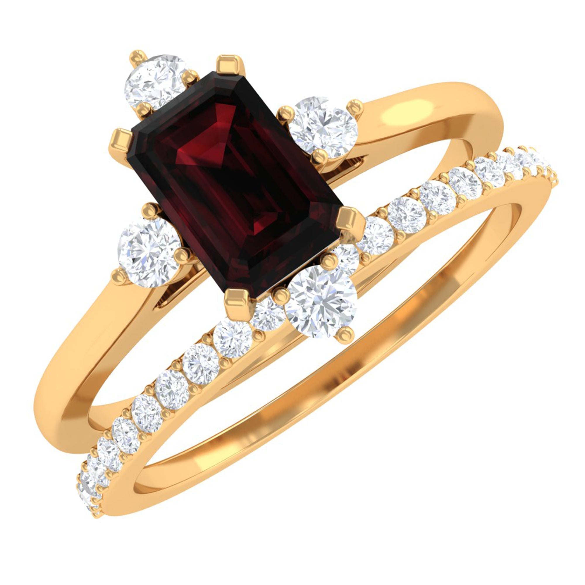 Natural Emerald Cut Garnet Diamond Wedding Bridal Ring Set of 2