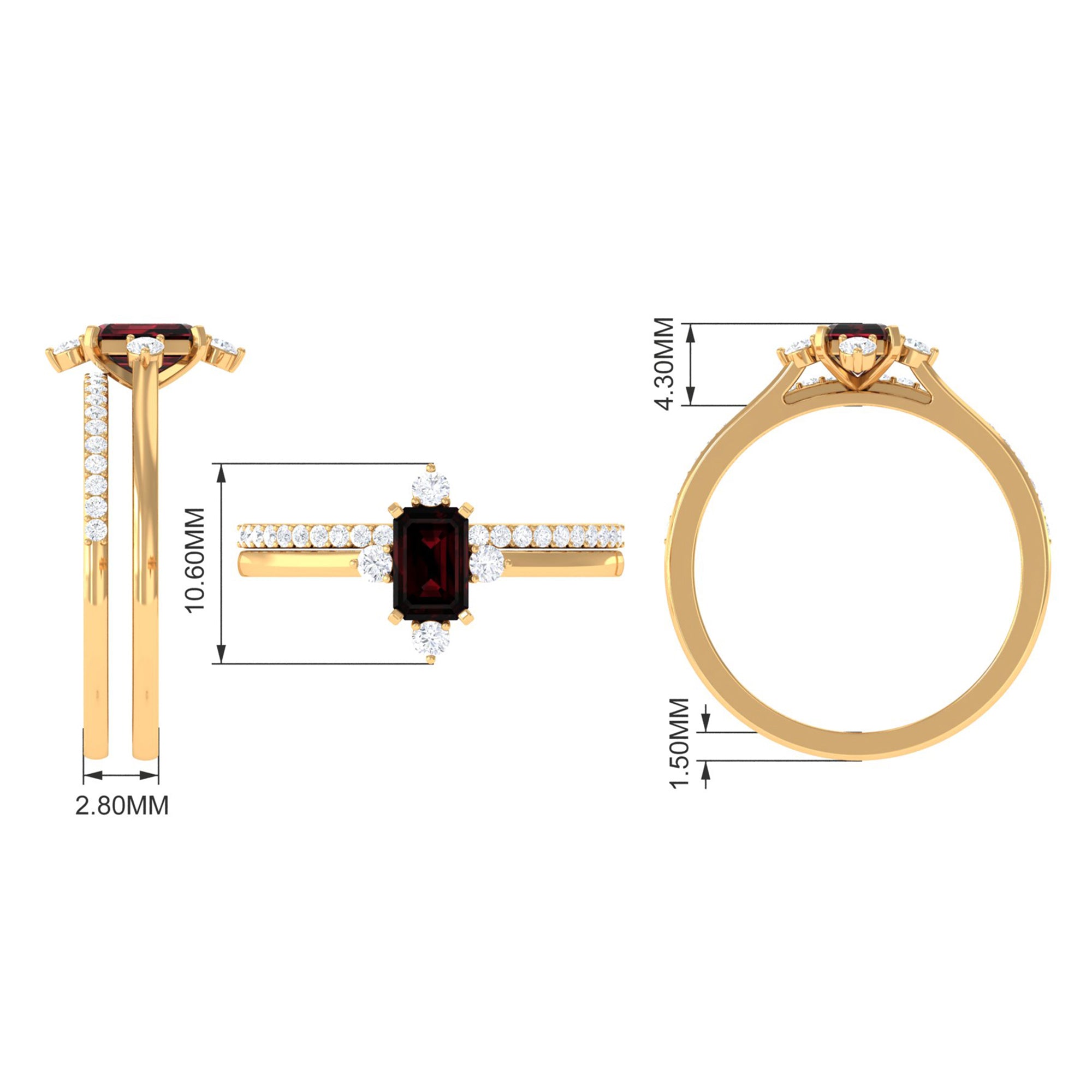 Natural Emerald Cut Garnet Diamond Wedding Bridal Ring Set of 2