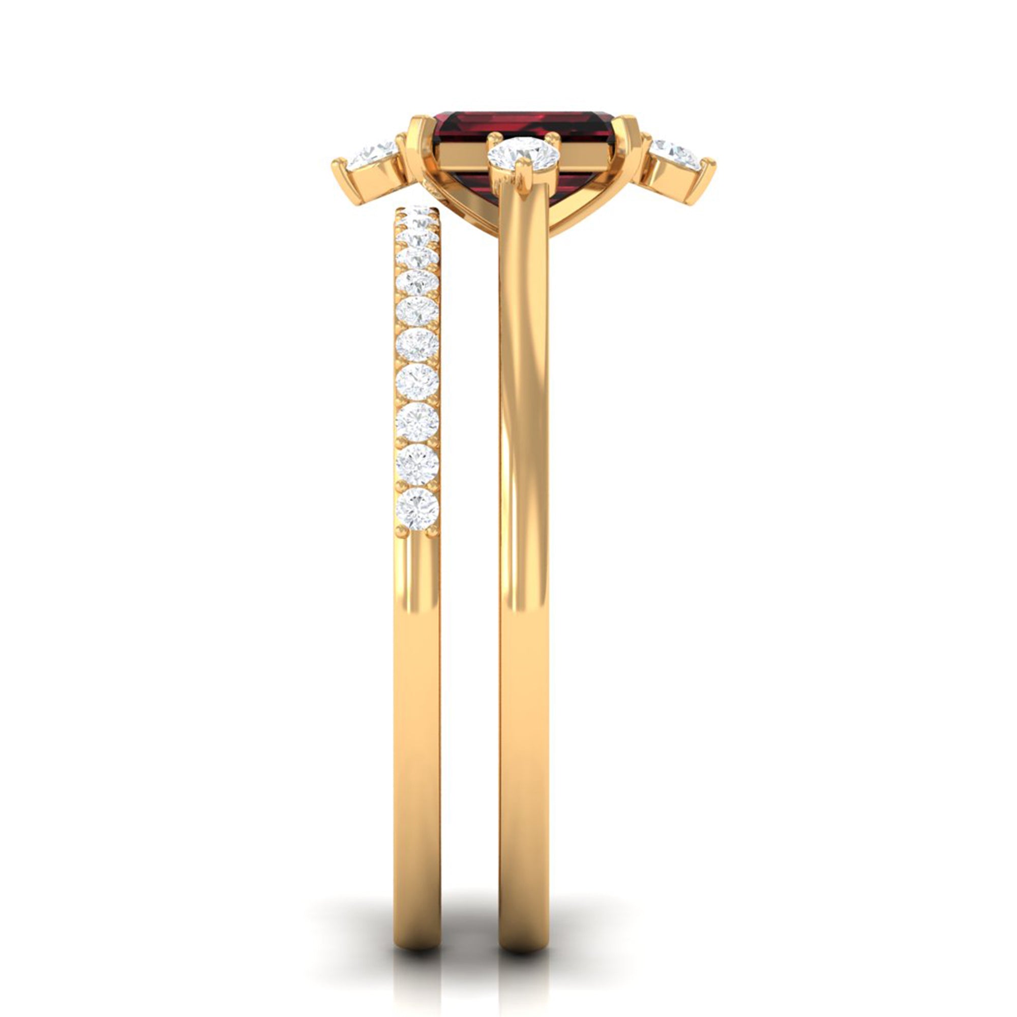 Natural Emerald Cut Garnet Diamond Wedding Bridal Ring Set of 2