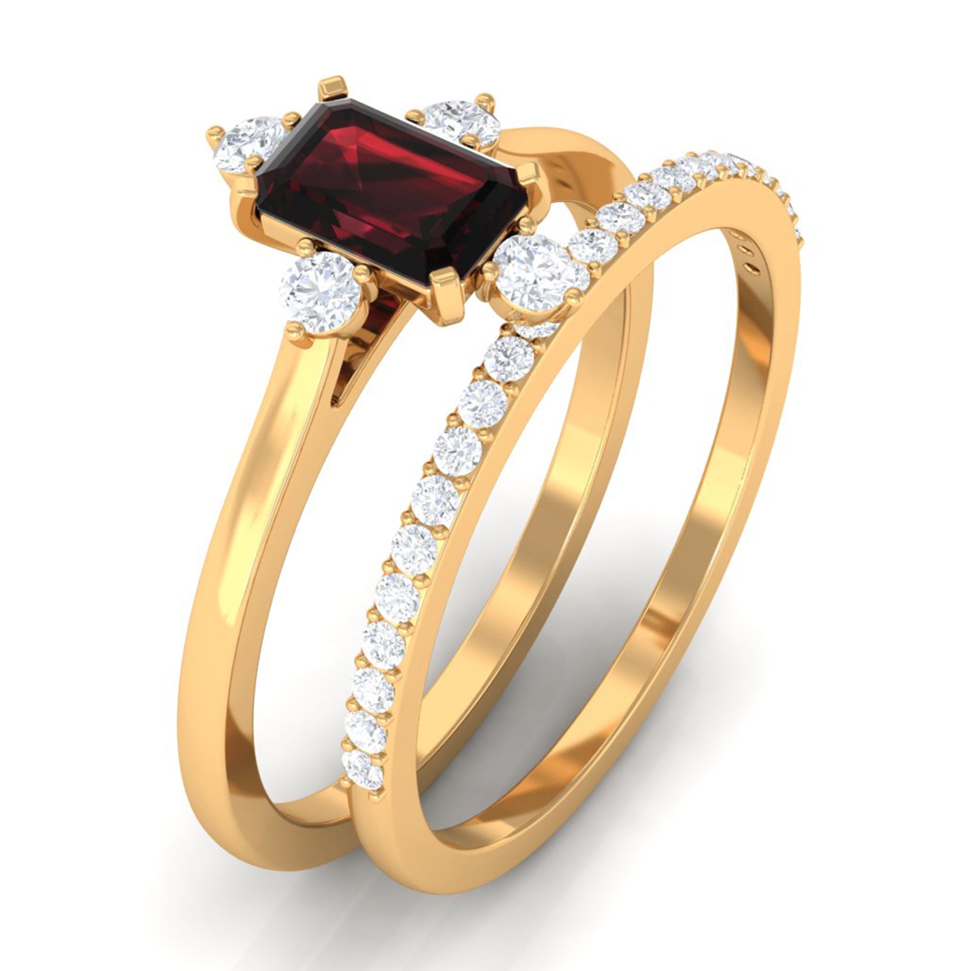 Natural Emerald Cut Garnet Diamond Wedding Bridal Ring Set of 2