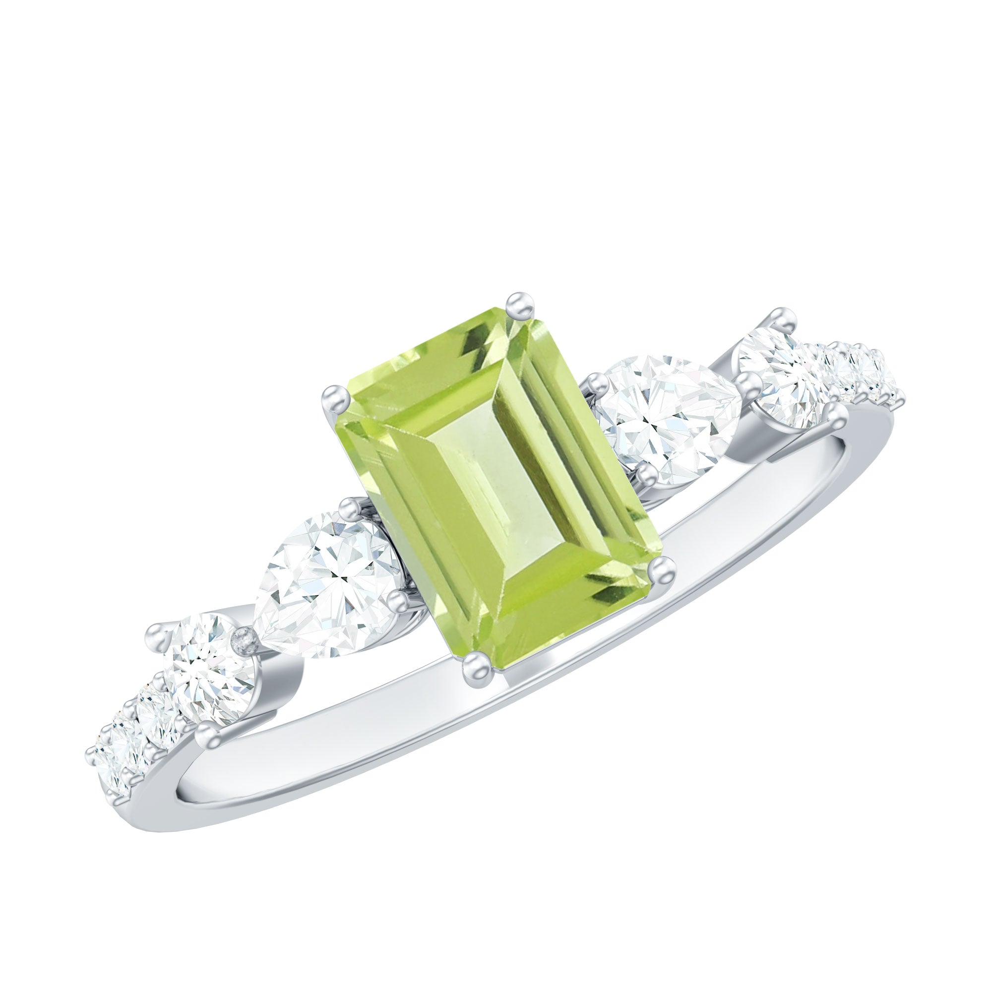 Natural 1.8 Carat Peridot Emerald Cut Engagement Ring with Side Stones