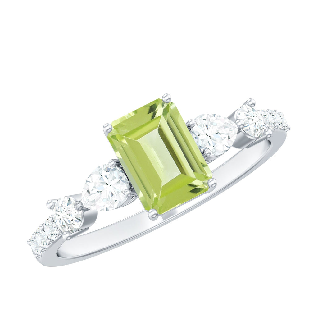 Natural 1.8 Carat Peridot Emerald Cut Engagement Ring with Side Stones