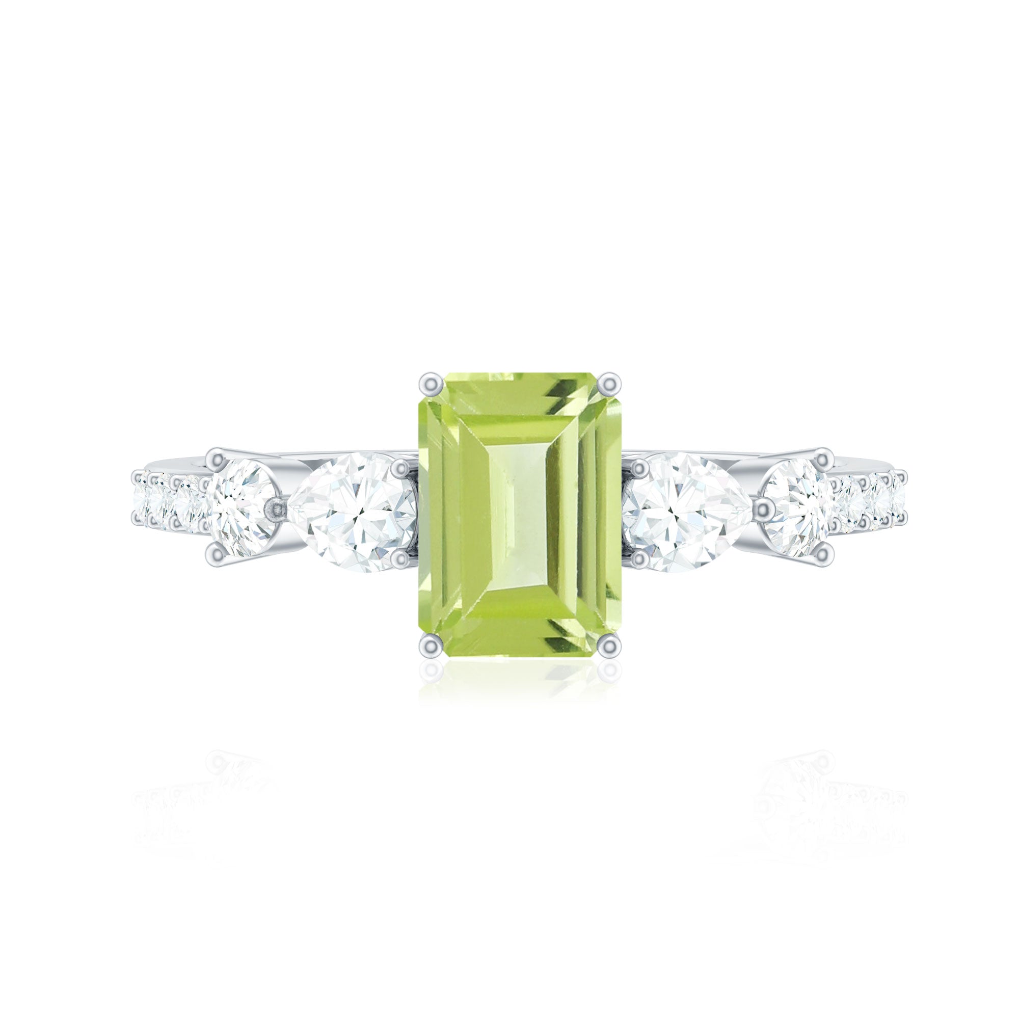 Natural 1.8 Carat Peridot Emerald Cut Engagement Ring with Side Stones