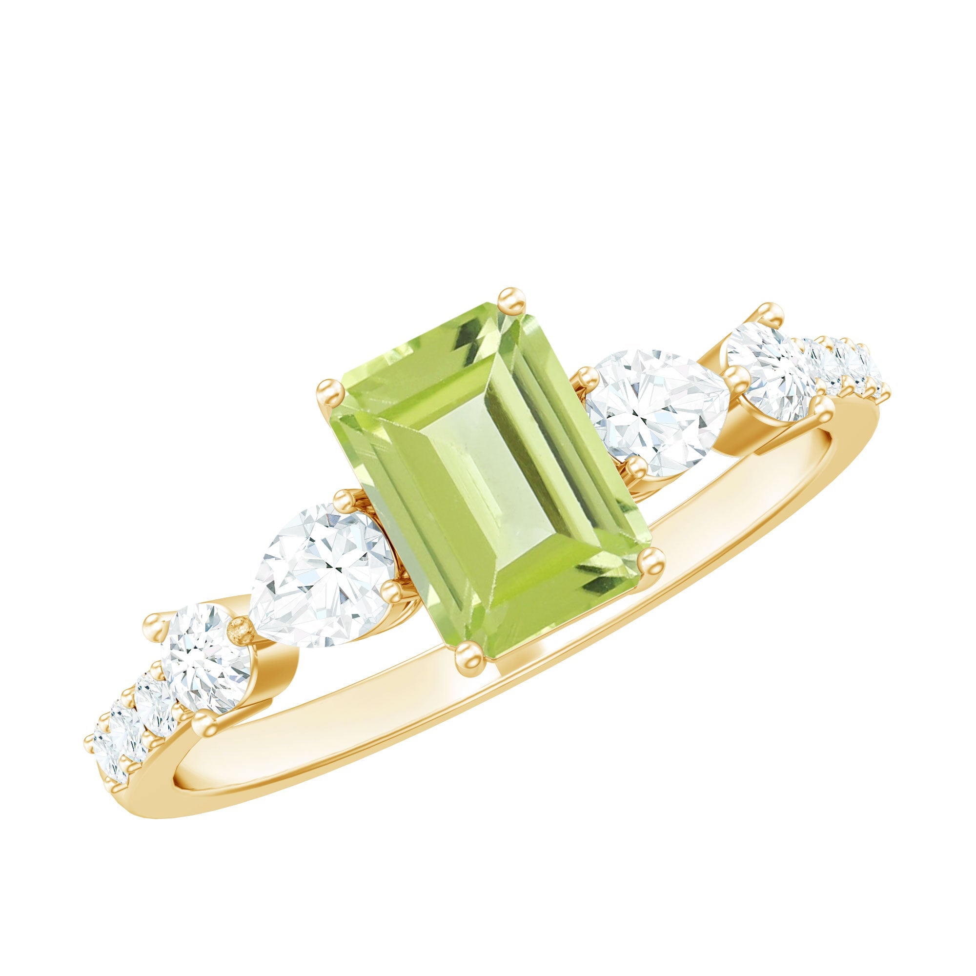 Natural 1.8 Carat Peridot Emerald Cut Engagement Ring with Side Stones