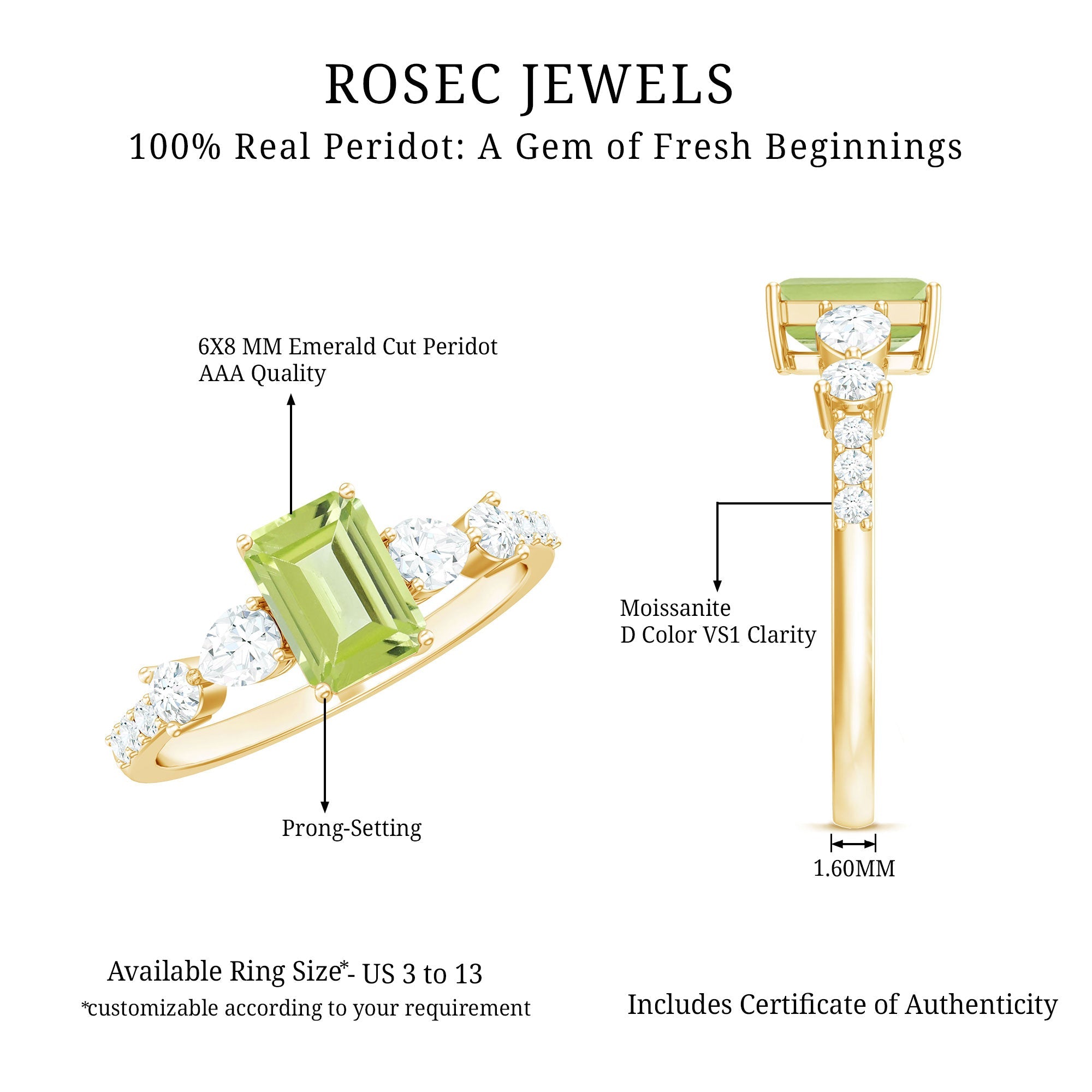 Natural 1.8 Carat Peridot Emerald Cut Engagement Ring with Side Stones