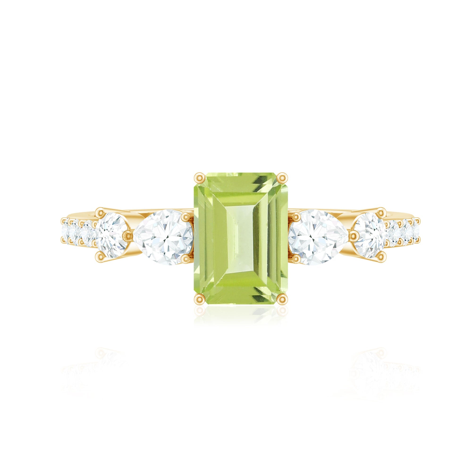 Natural 1.8 Carat Peridot Emerald Cut Engagement Ring with Side Stones