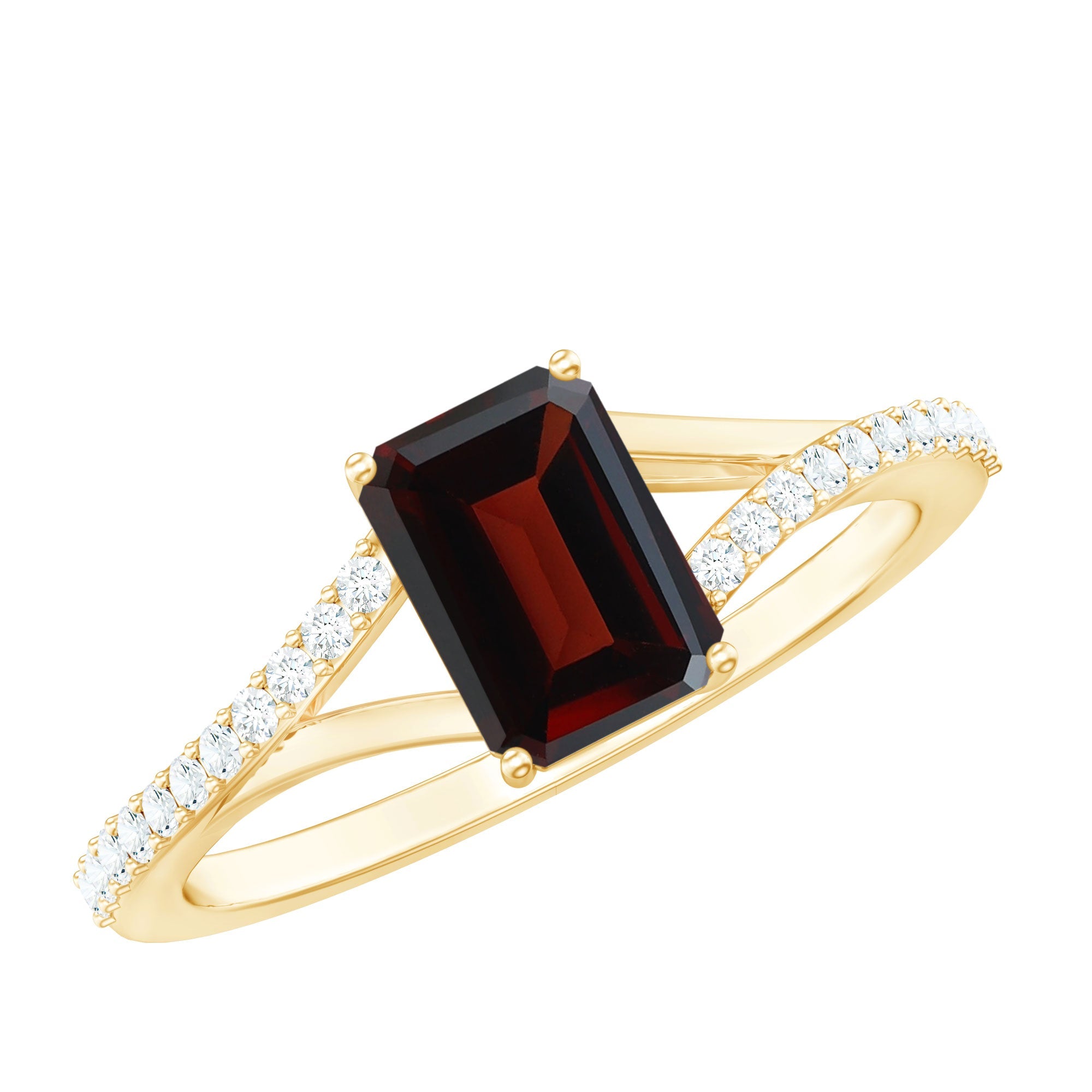 Certified Natural Garnet Emerald Cut Engagement Ring with Diamond Split Shank