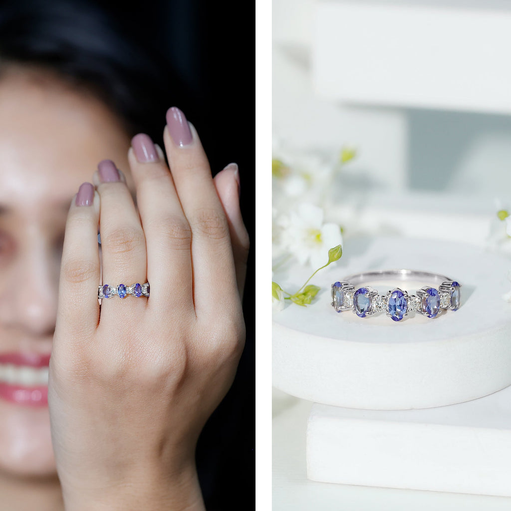 Natural Tanzanite Half Eternity Ring with Diamond