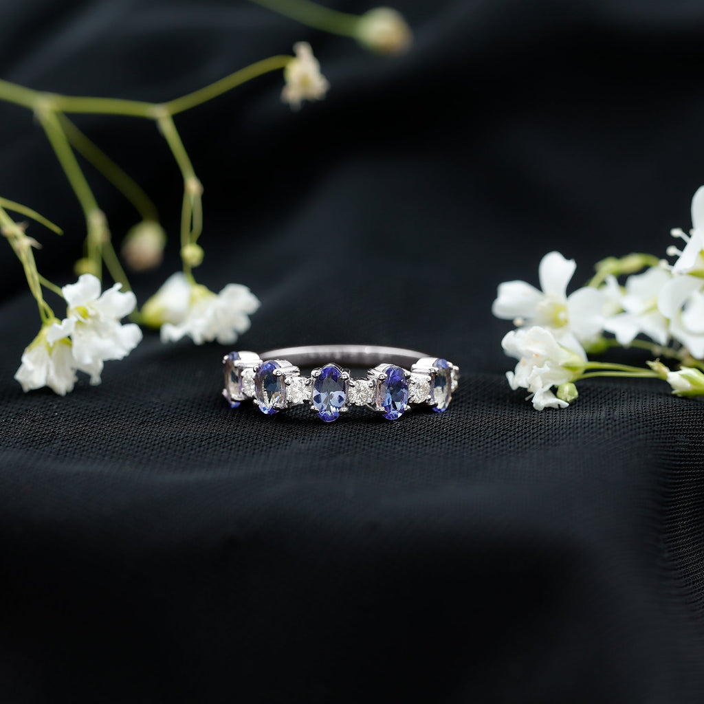 Natural Tanzanite Half Eternity Ring with Diamond