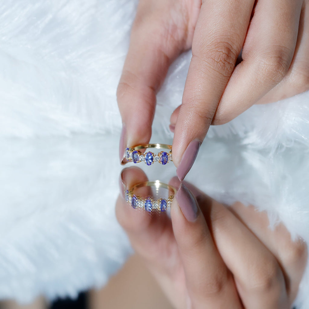 Natural Tanzanite Half Eternity Ring with Diamond