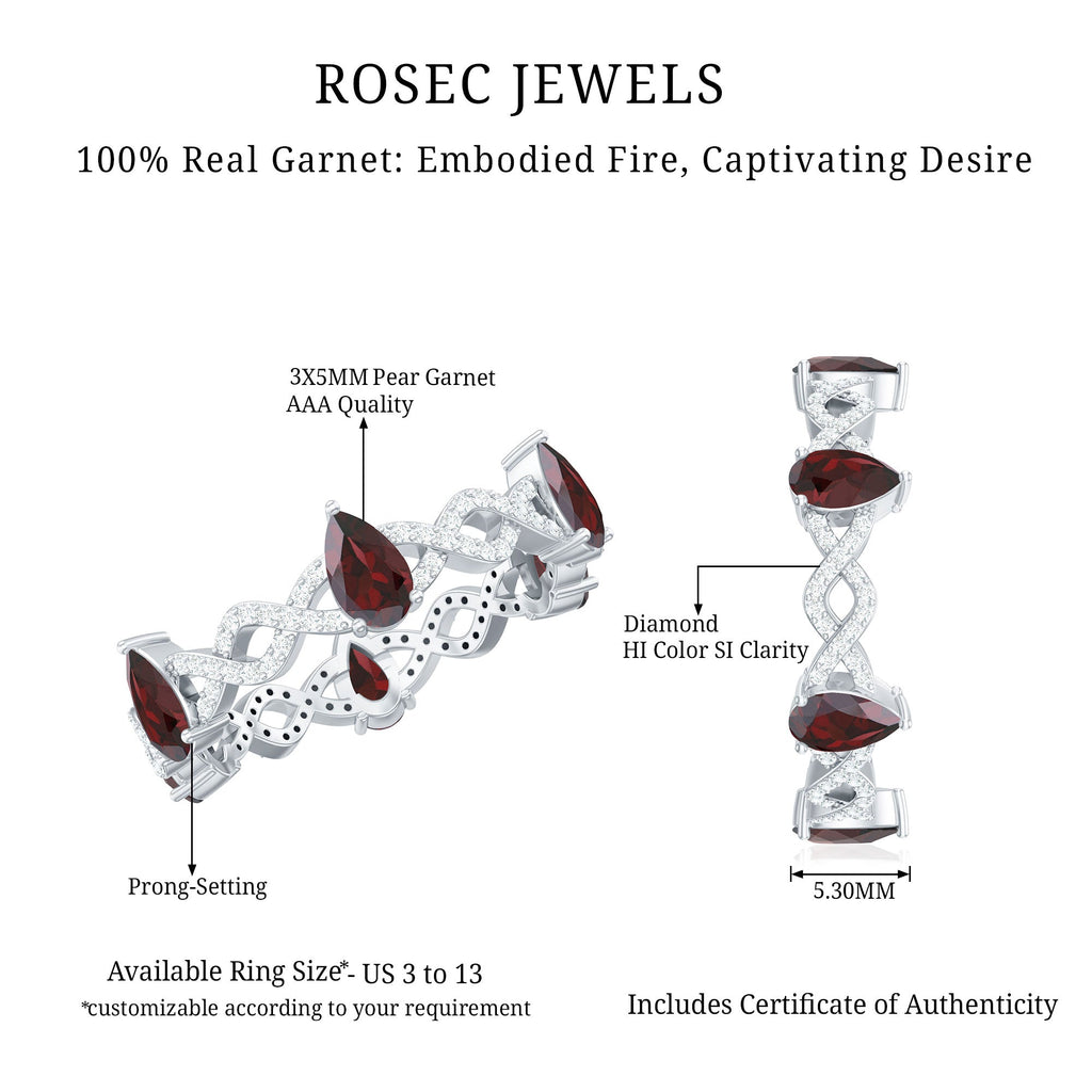 Natural Pear Shape Garnet Diamond Eternity Ring with Crossover Shank