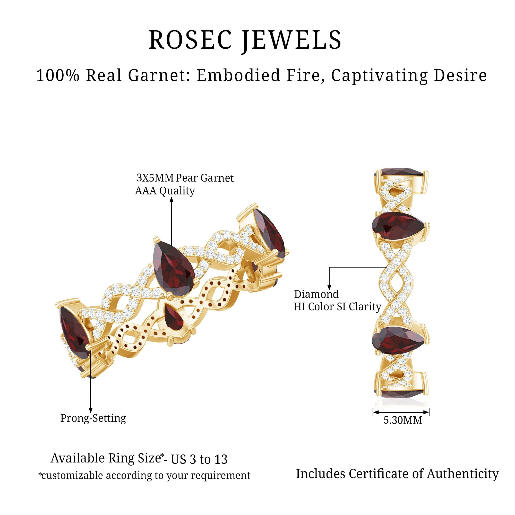 Natural Pear Shape Garnet Diamond Eternity Ring with Crossover Shank