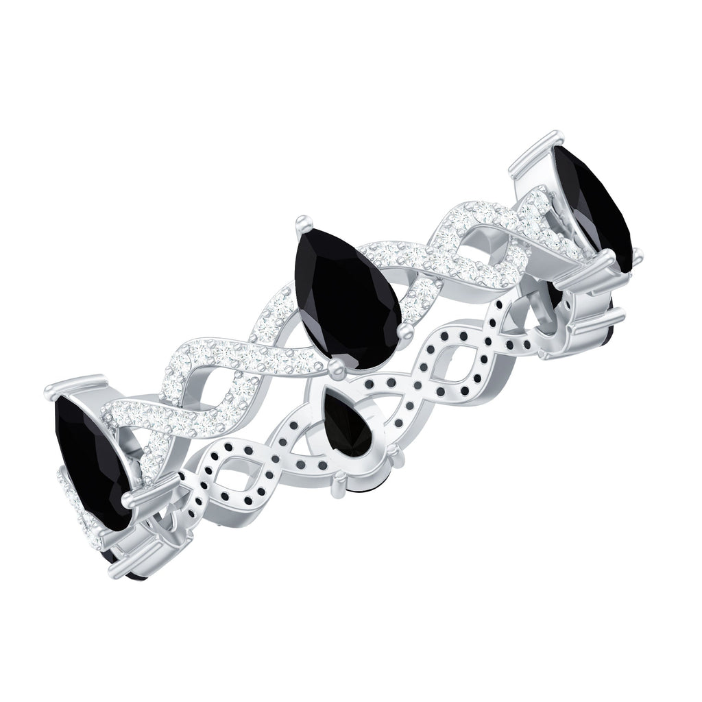 Natural Pear Shape Black Spinel Diamond Eternity Ring with Crossover Band