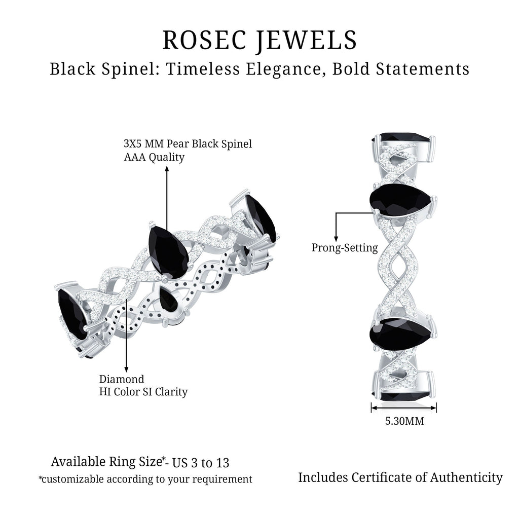 Natural Pear Shape Black Spinel Diamond Eternity Ring with Crossover Band