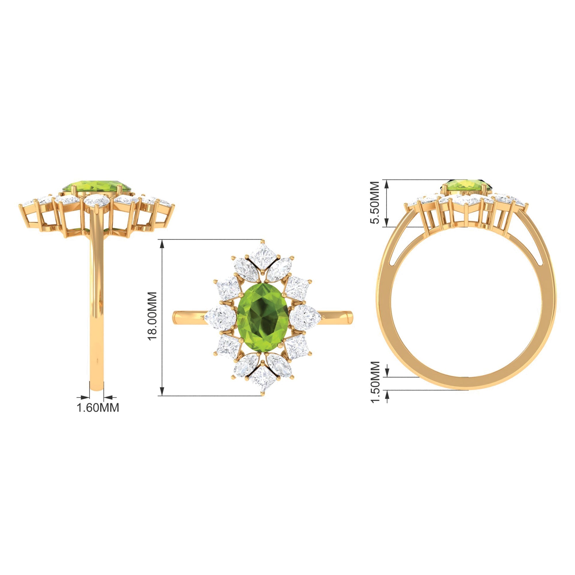 2.25 CT Natural Peridot Cocktail Ring with Moissanite Stones