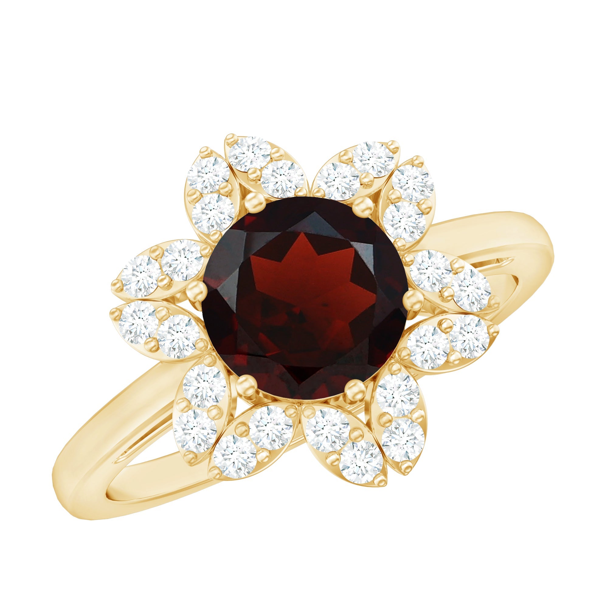 Certified Natural 8mm Garnet Flower Engagement Ring with Diamond