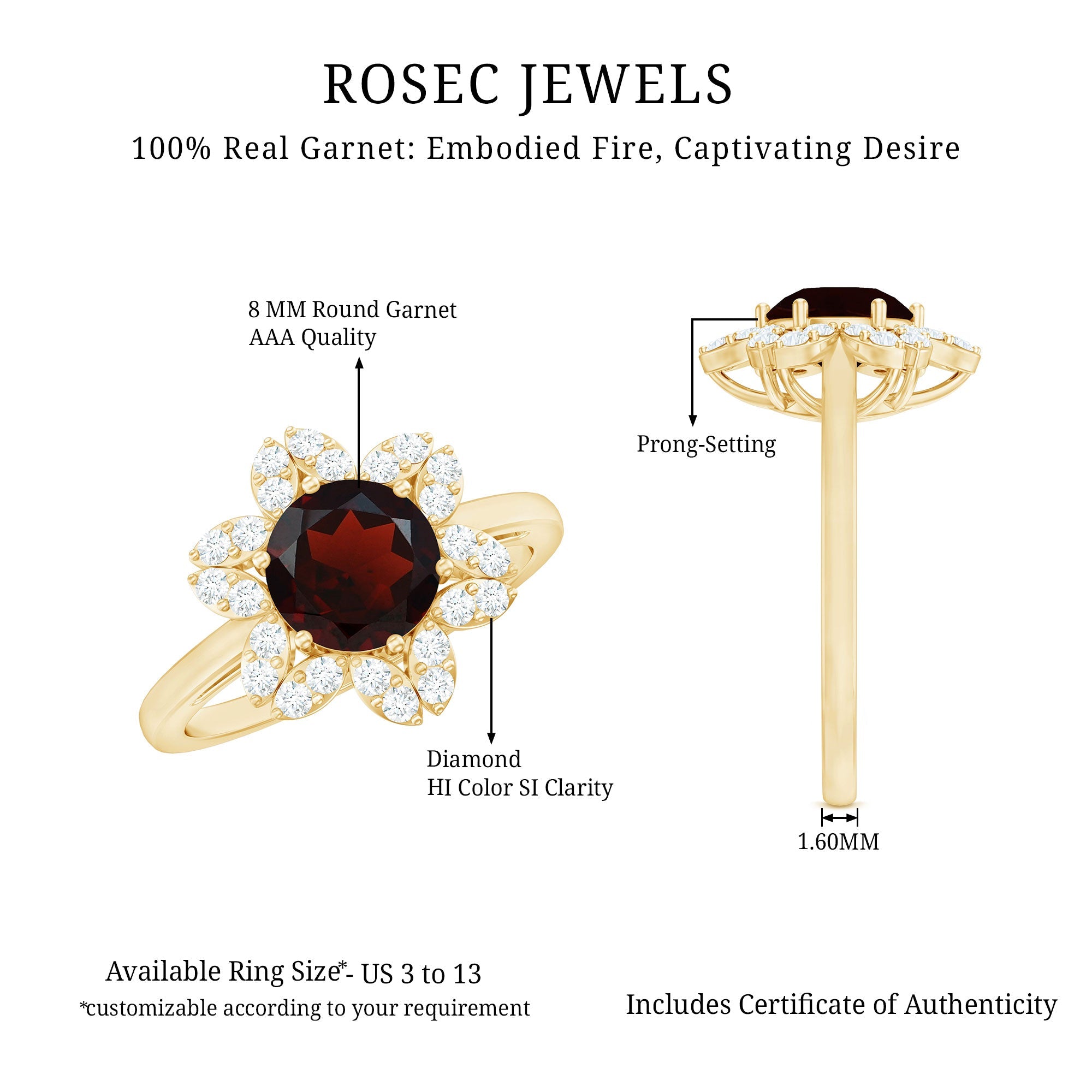 Certified Natural 8mm Garnet Flower Engagement Ring with Diamond