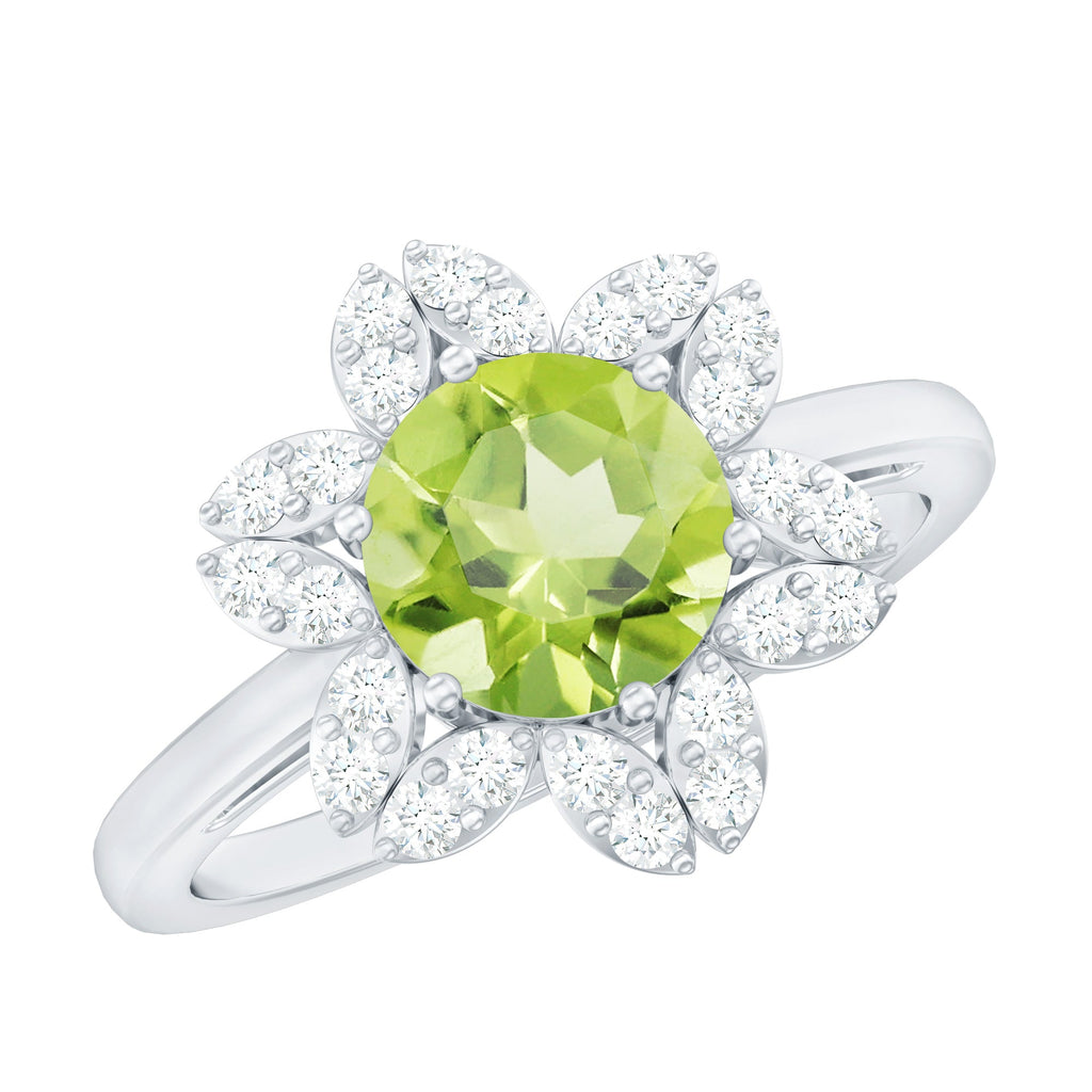 Natural 2 Carat Peridot Flower Engagement Ring with Moissanite
