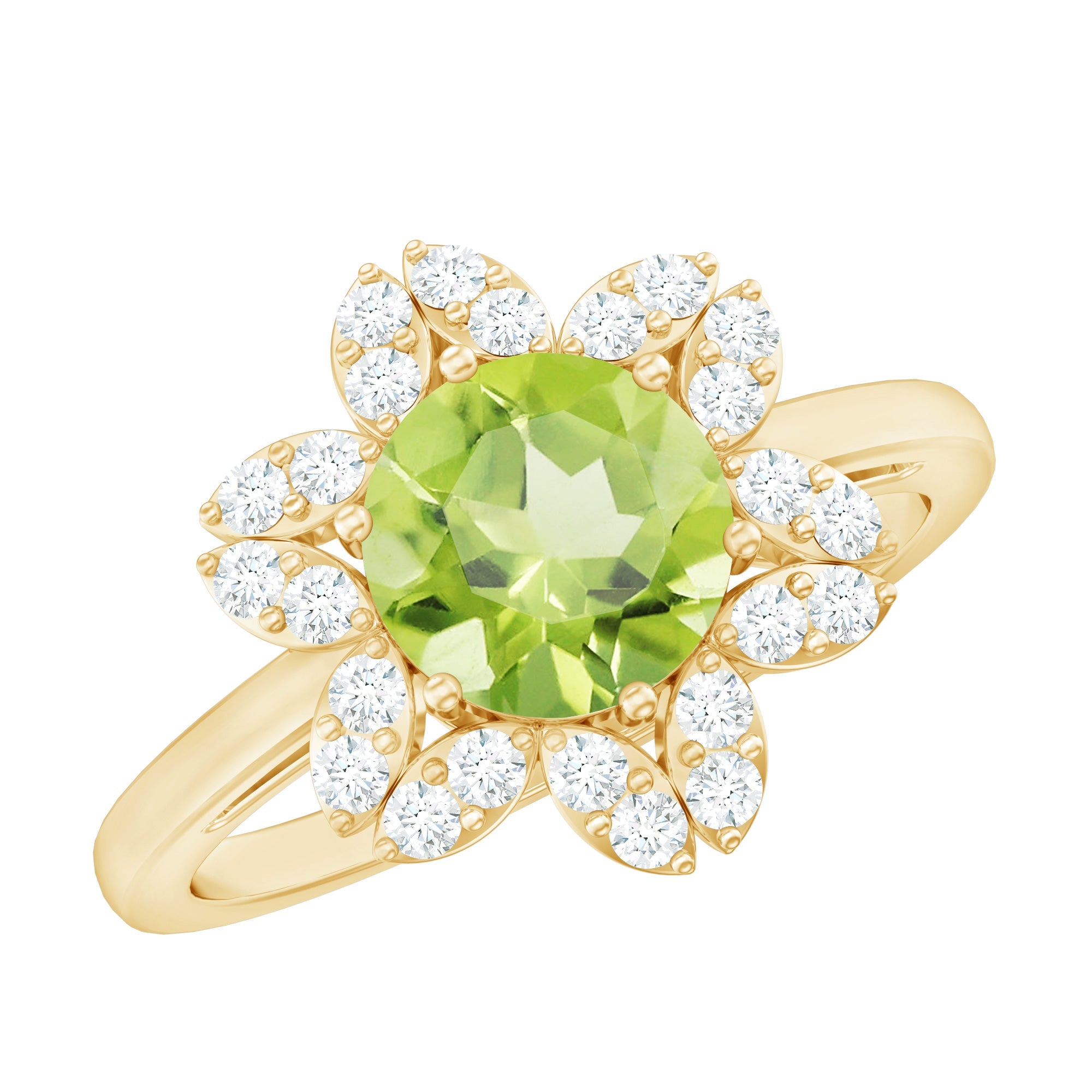 Natural 2 Carat Peridot Flower Engagement Ring with Moissanite