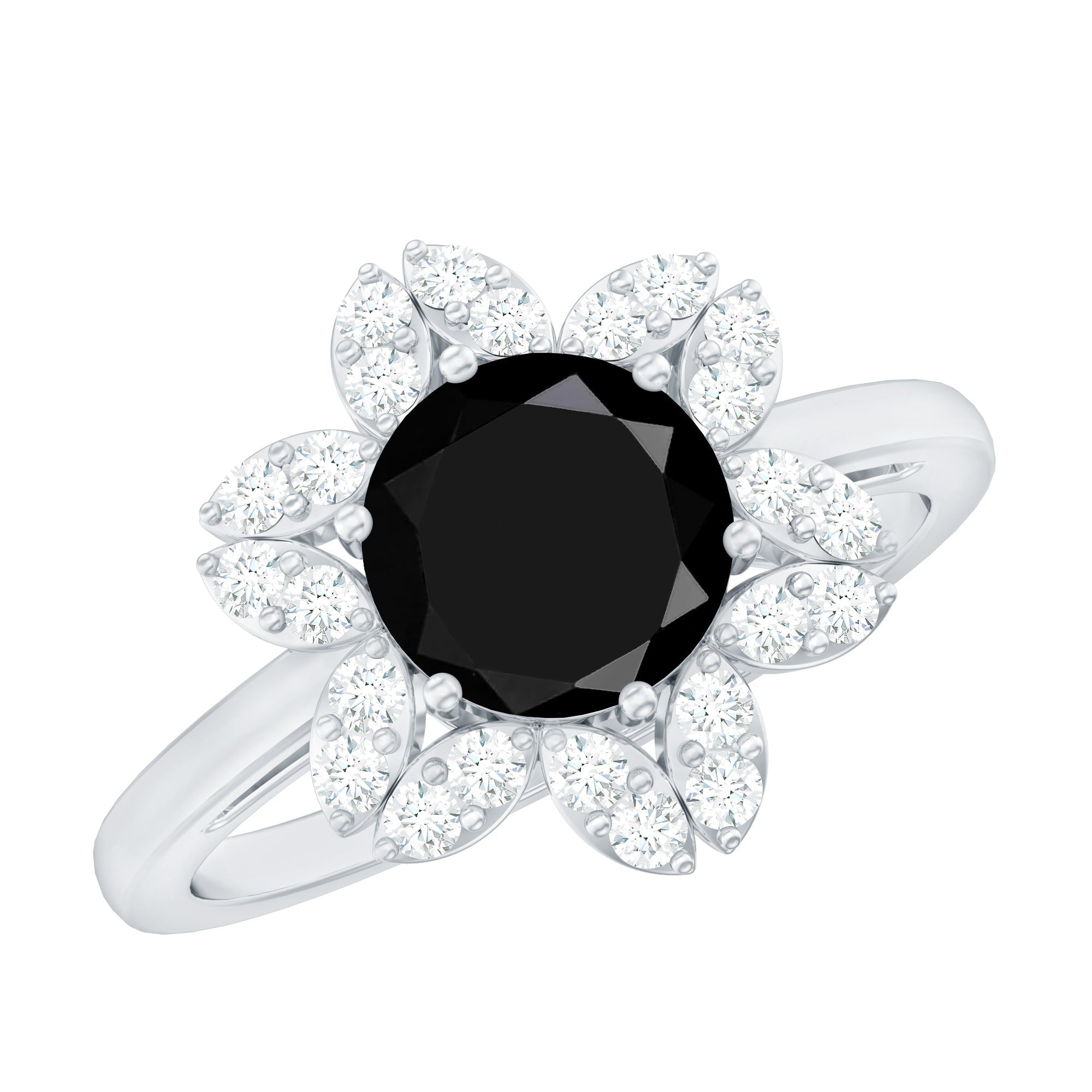 Natural 2.5 Carat Black Spinel Flower Engagement Ring with Diamond