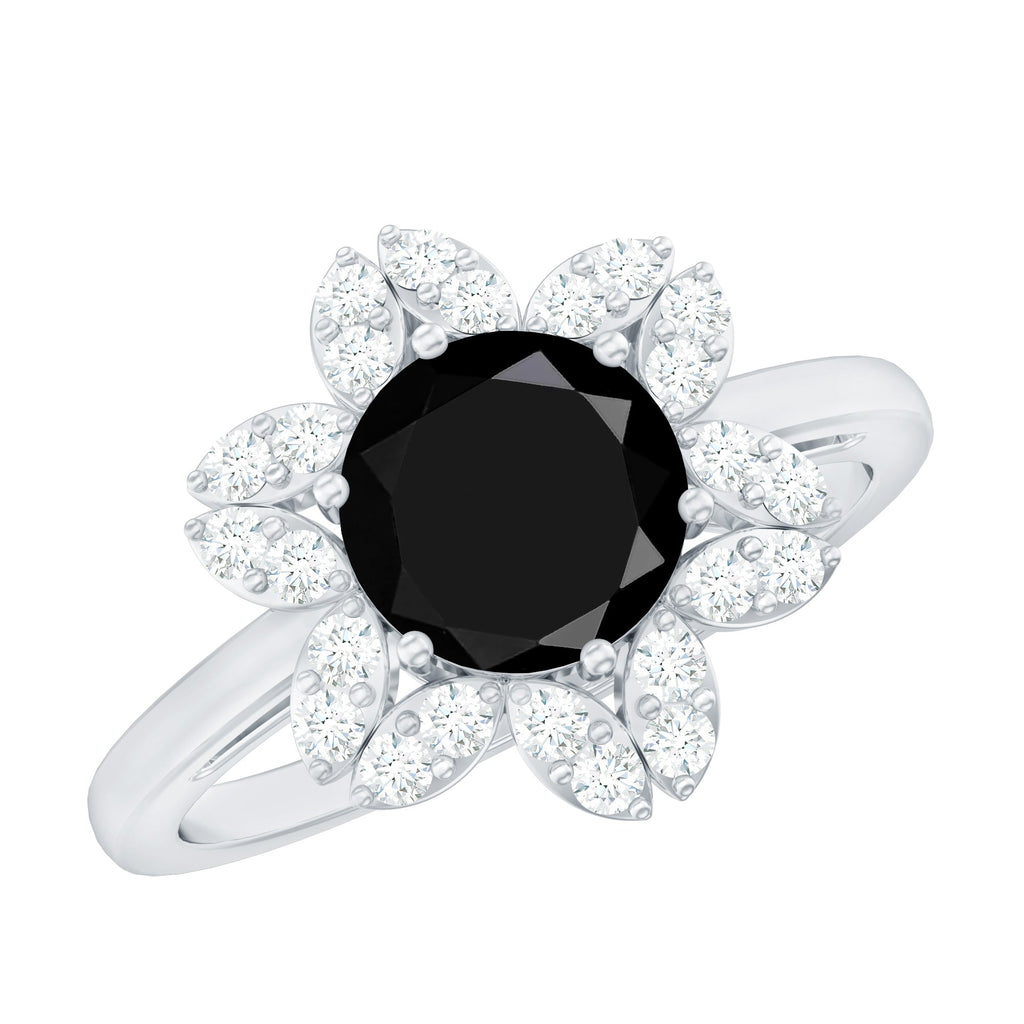 Natural 2.5 Carat Black Spinel Flower Engagement Ring with Diamond