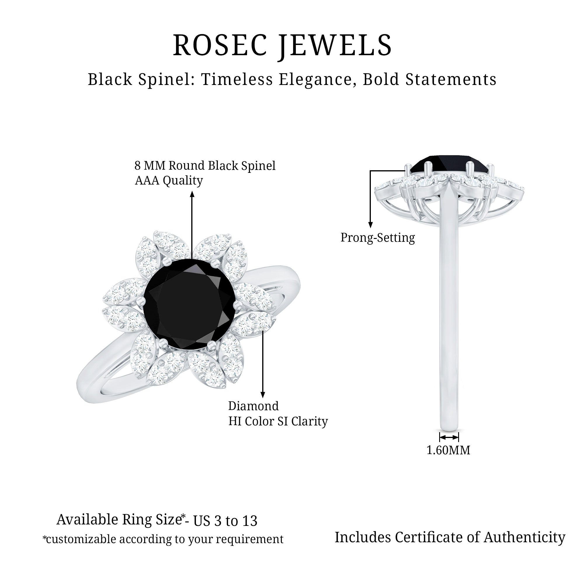Natural 2.5 Carat Black Spinel Flower Engagement Ring with Diamond