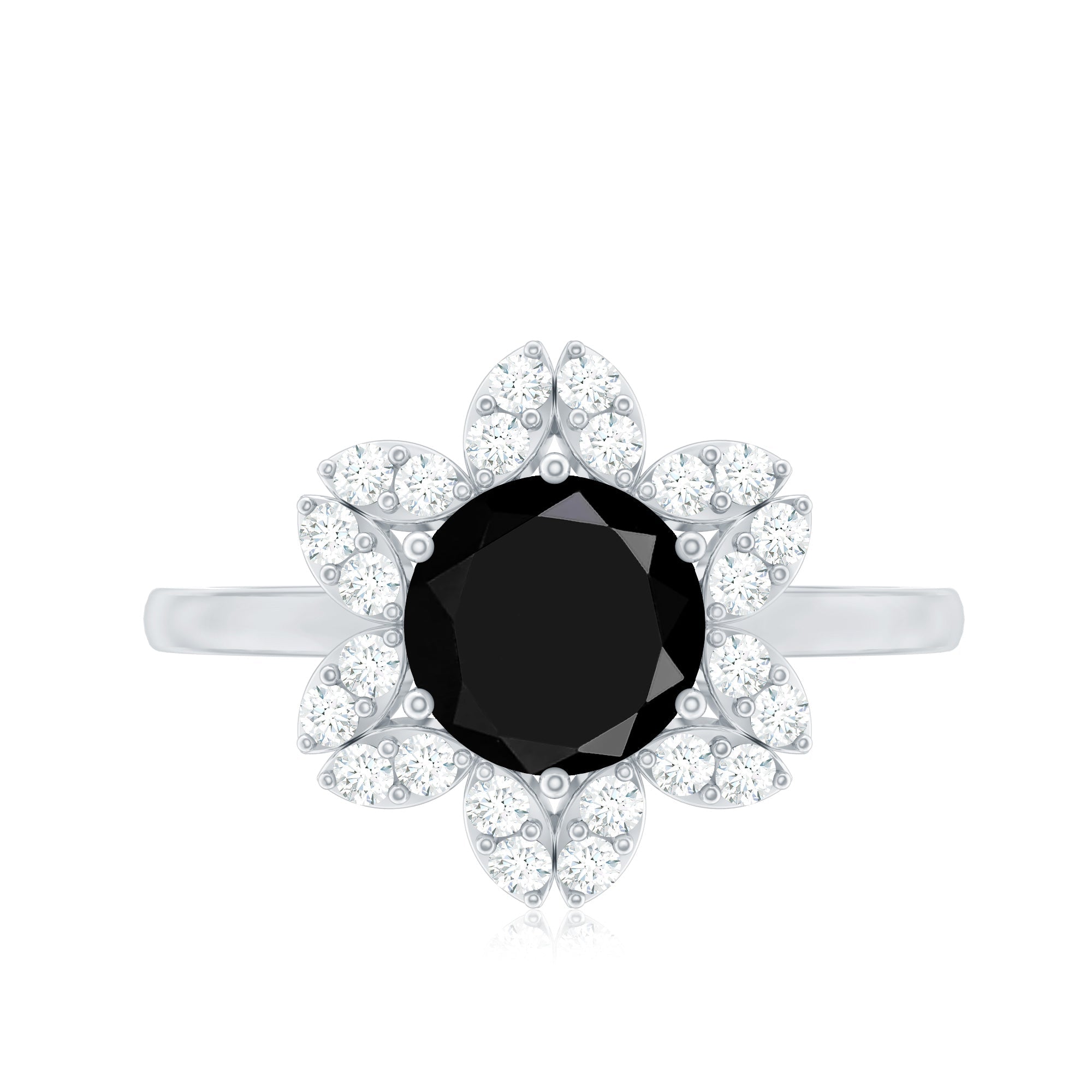 Natural 2.5 Carat Black Spinel Flower Engagement Ring with Diamond