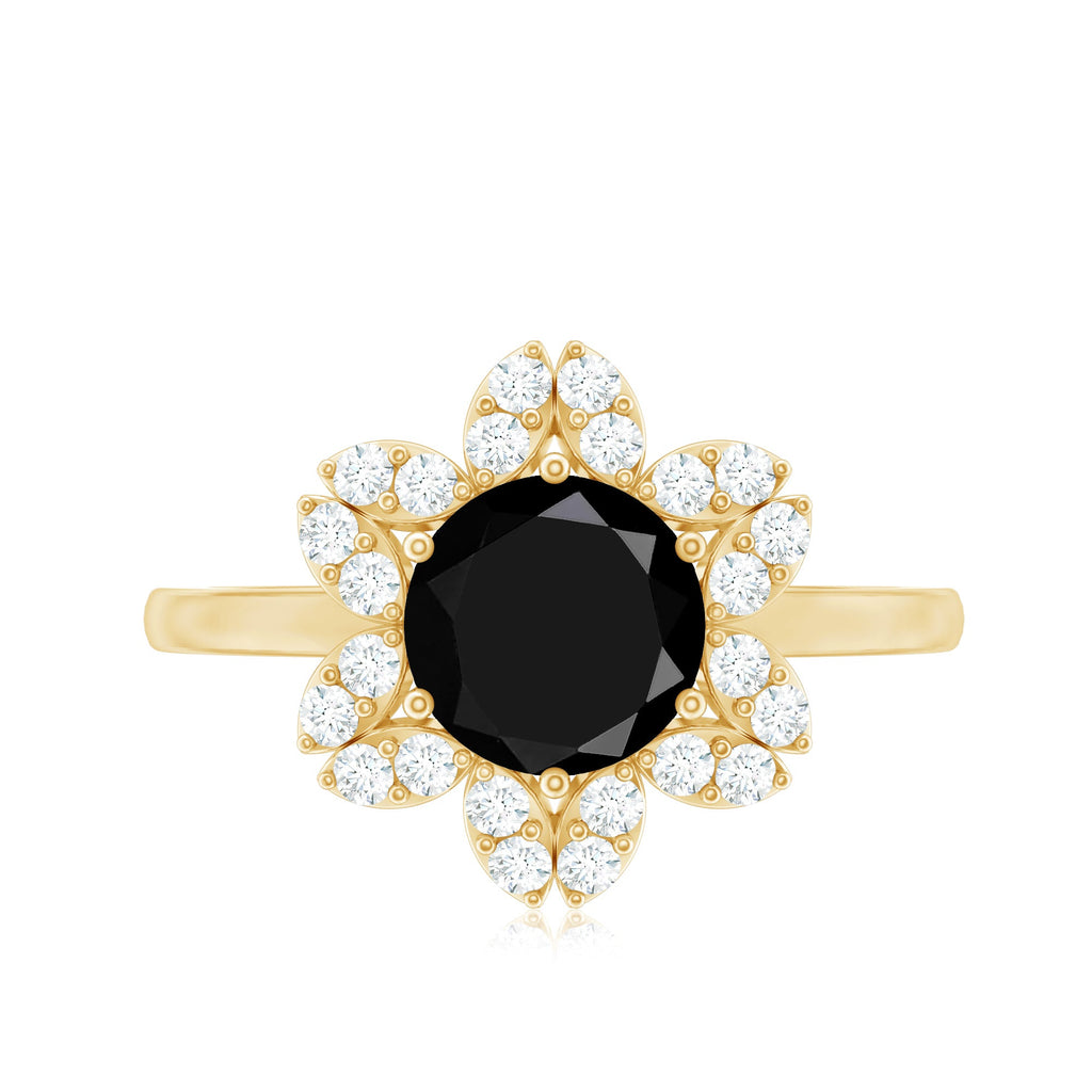 Natural 2.5 Carat Black Spinel Flower Engagement Ring with Diamond