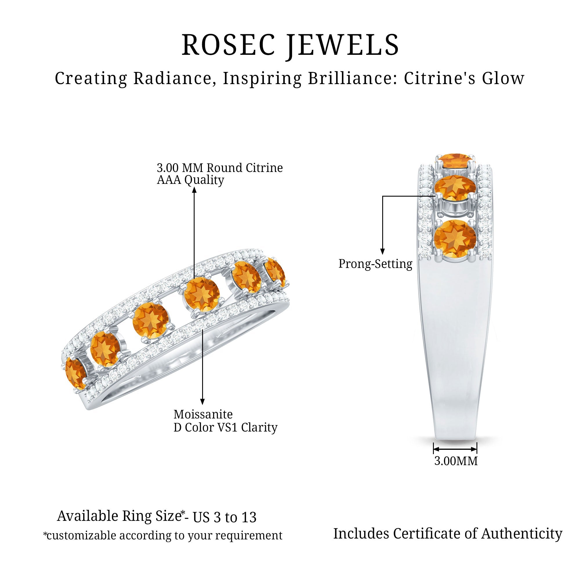 Natural Citrine Half Eternity Band Ring for Anniversary