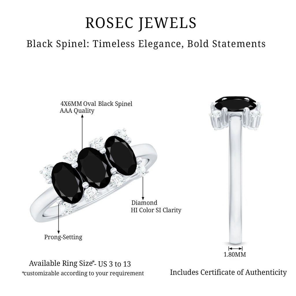 Natural Oval Black Spinel 3 Stone Engagement Ring with Diamond