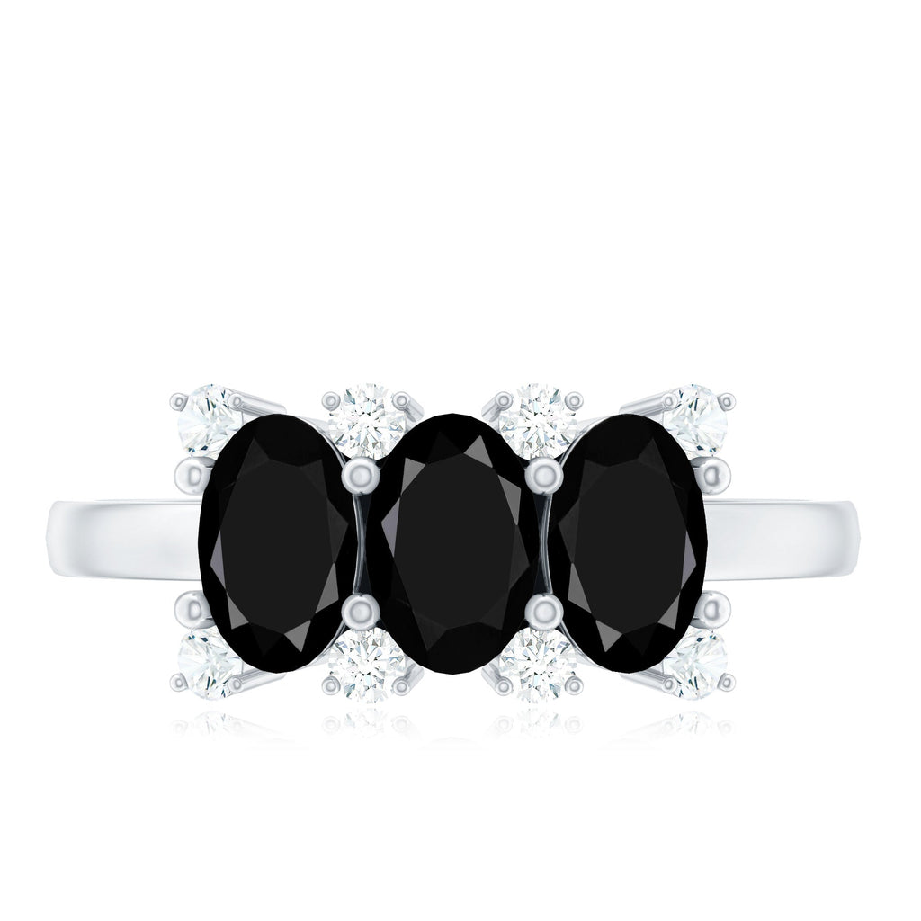 Natural Oval Black Spinel 3 Stone Engagement Ring with Diamond