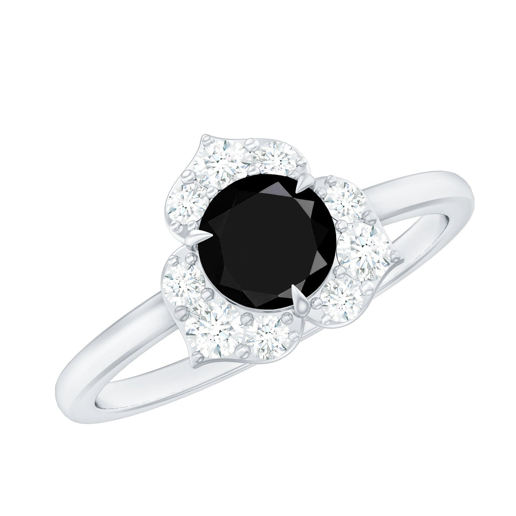 Natural Black Spinel Flower Engagement Ring with Diamond