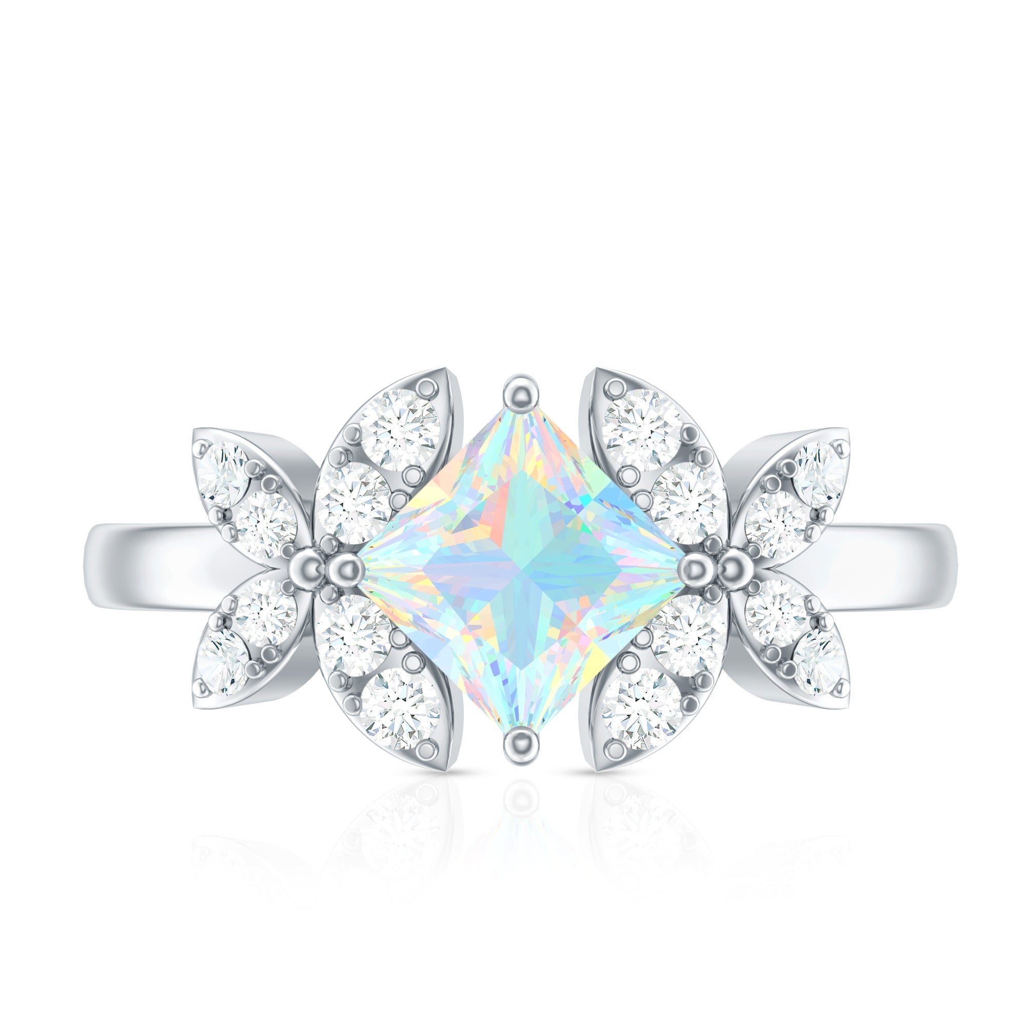 Natural Princess Cut Ethiopian Opal Flower Engagement Ring with Diamond