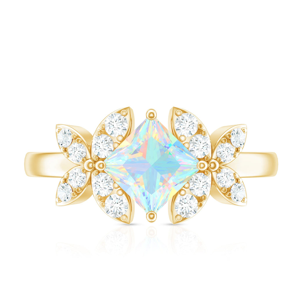 Natural Princess Cut Ethiopian Opal Flower Engagement Ring with Diamond