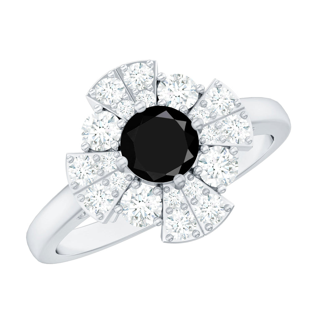 Natural Black Spinel Flower Engagement Ring with Moissanite