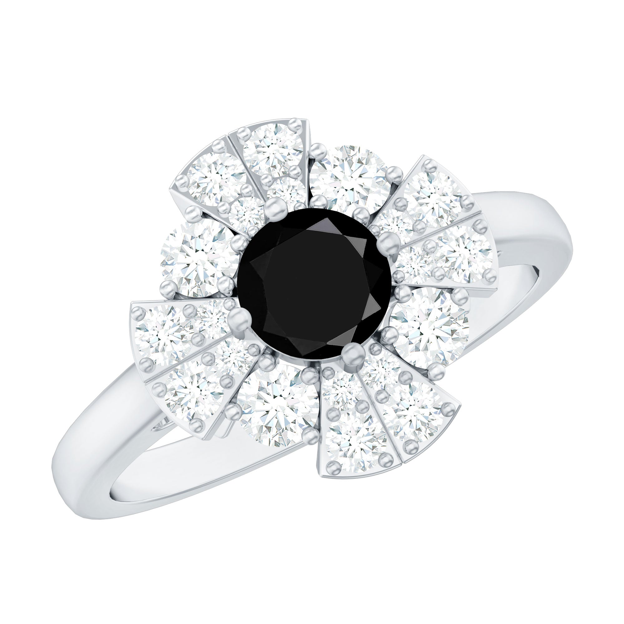 Natural Black Spinel Flower Engagement Ring with Moissanite