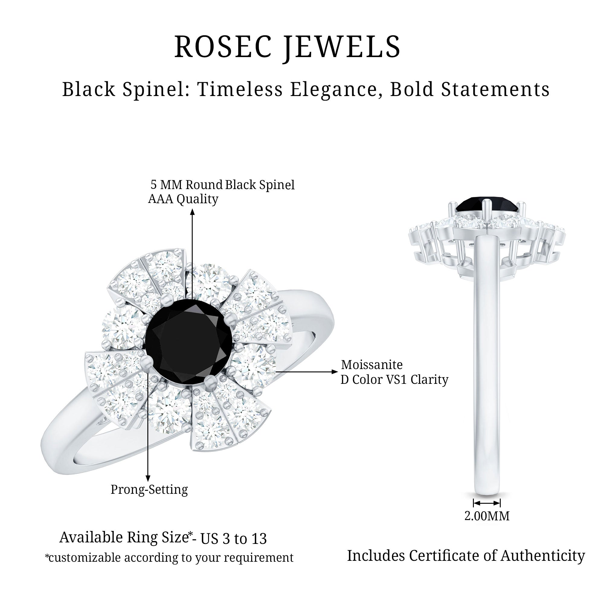 Natural Black Spinel Flower Engagement Ring with Moissanite
