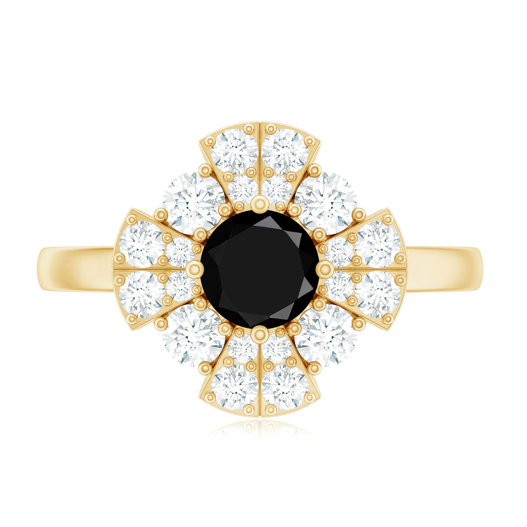 Natural Black Spinel Flower Engagement Ring with Moissanite