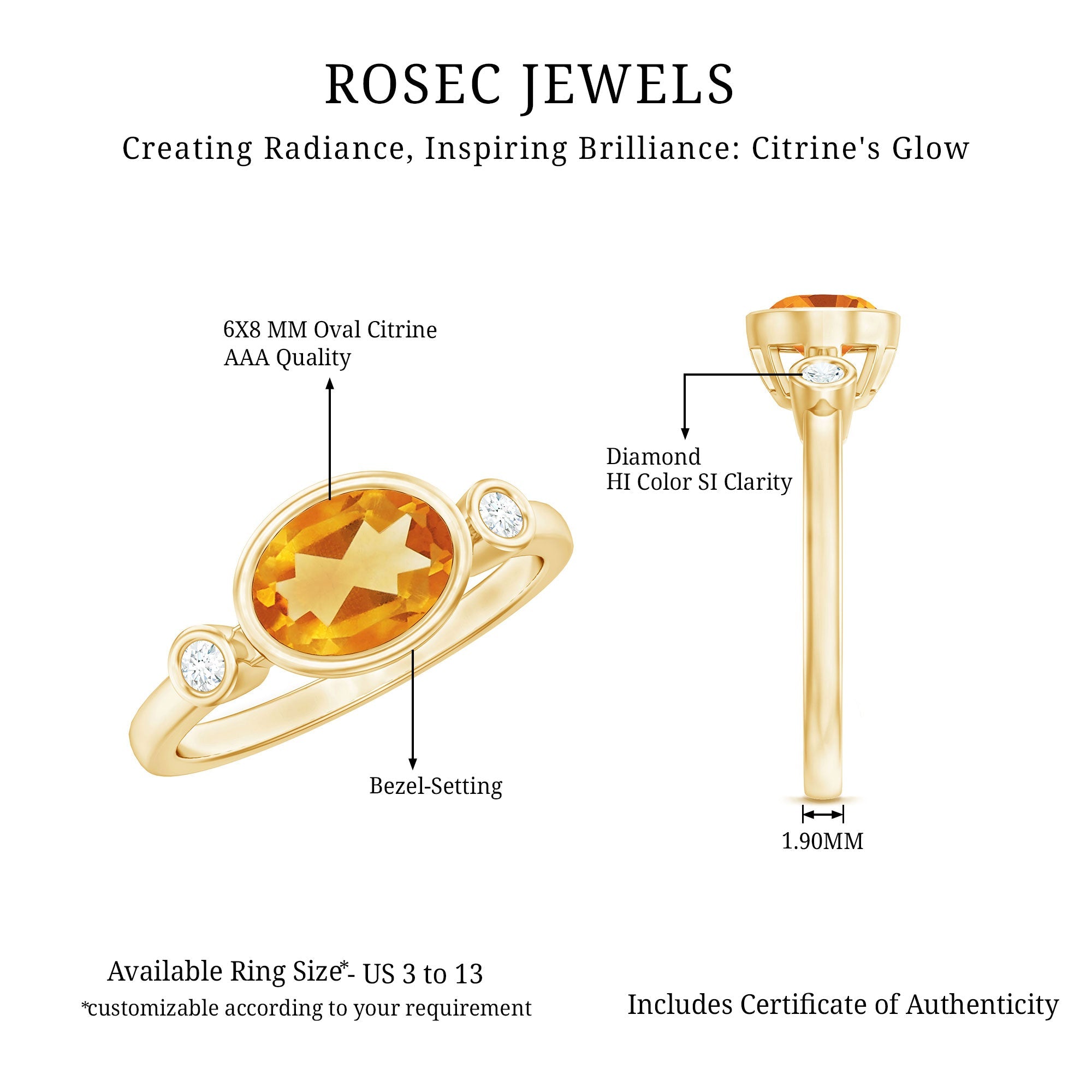 Natural 6X8mm Citrine Diamond Oval Engagement Ring in Bezel Set