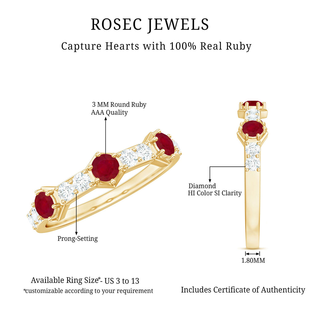 Natural Ruby and Diamond Minimal Half Eternity Ring