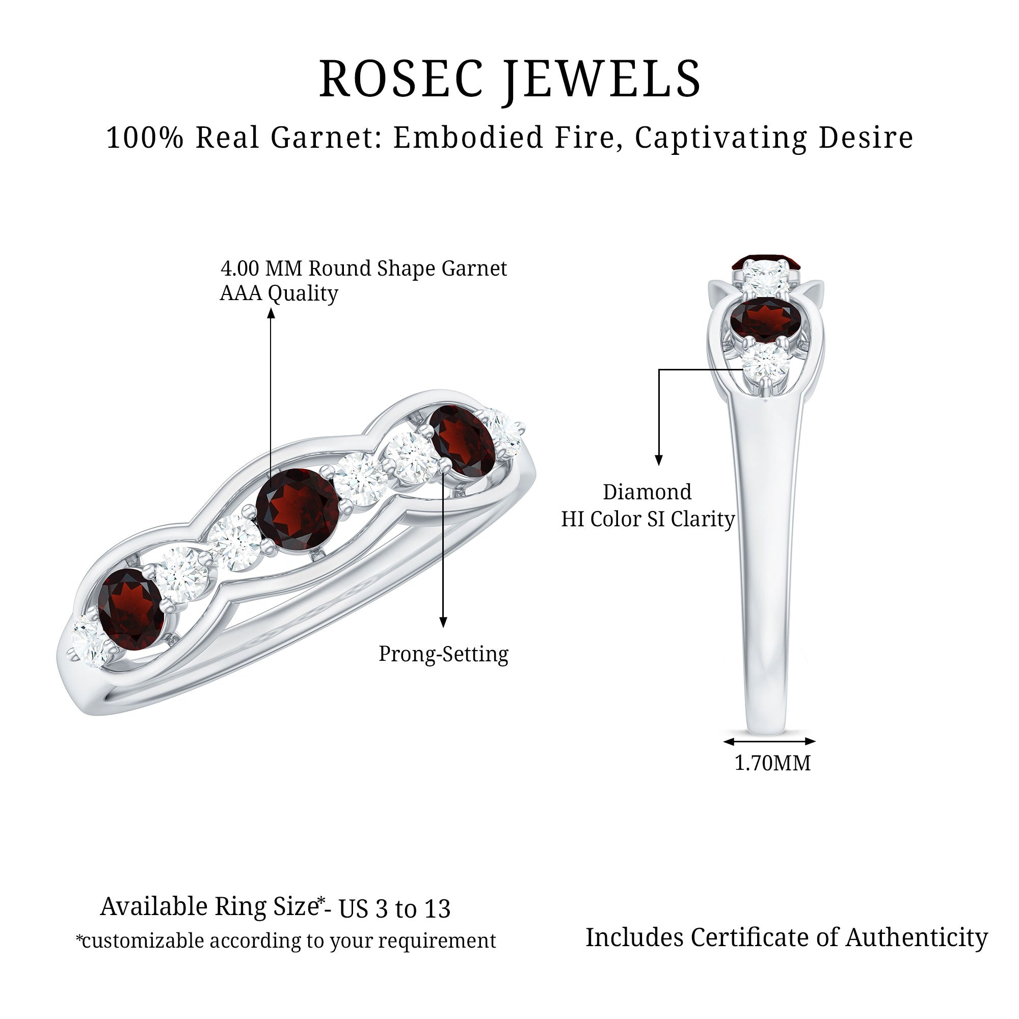 Natural Garnet Half Eternity Ring with Diamond