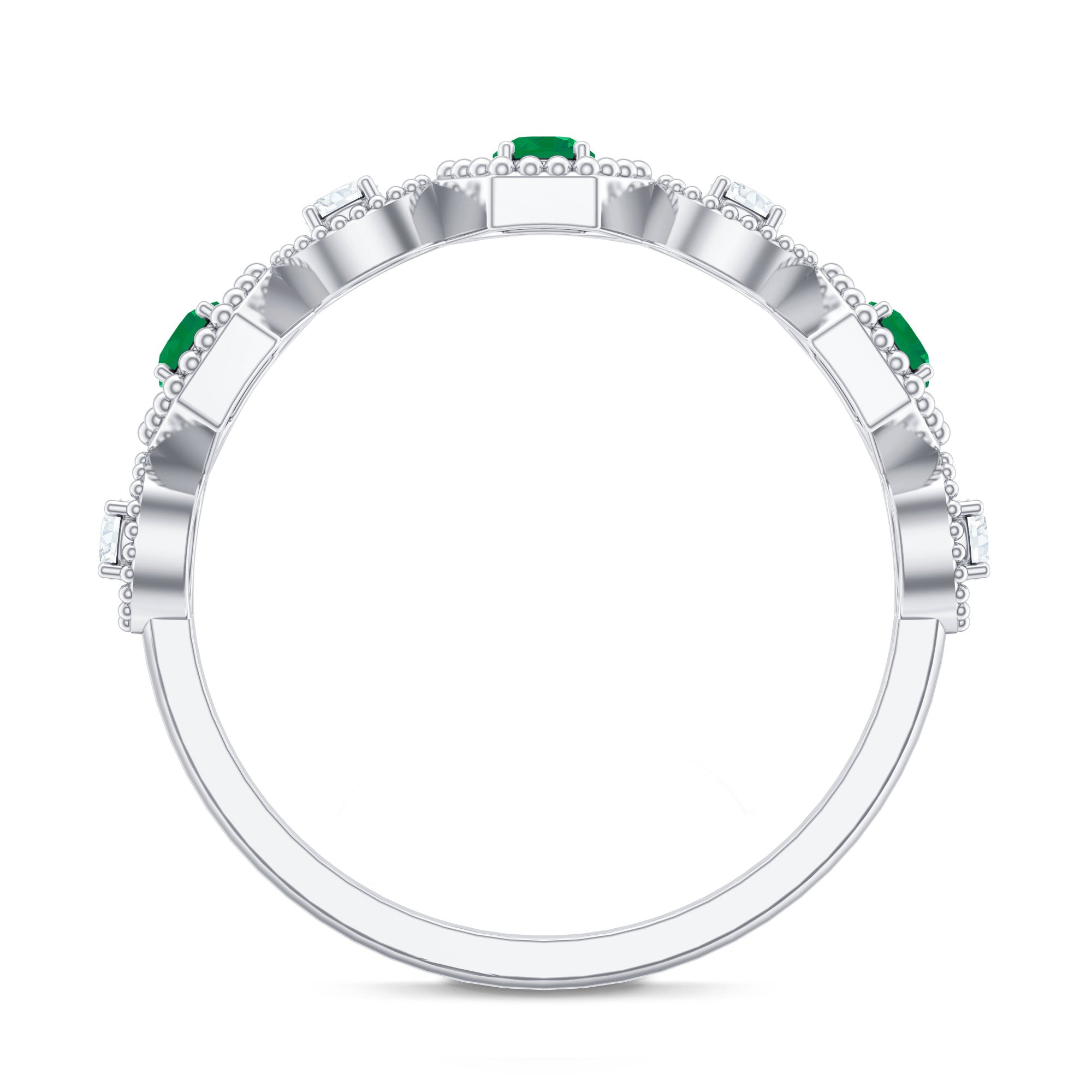 Certified Natural Emerald Art Deco Half Eternity Ring with Diamond