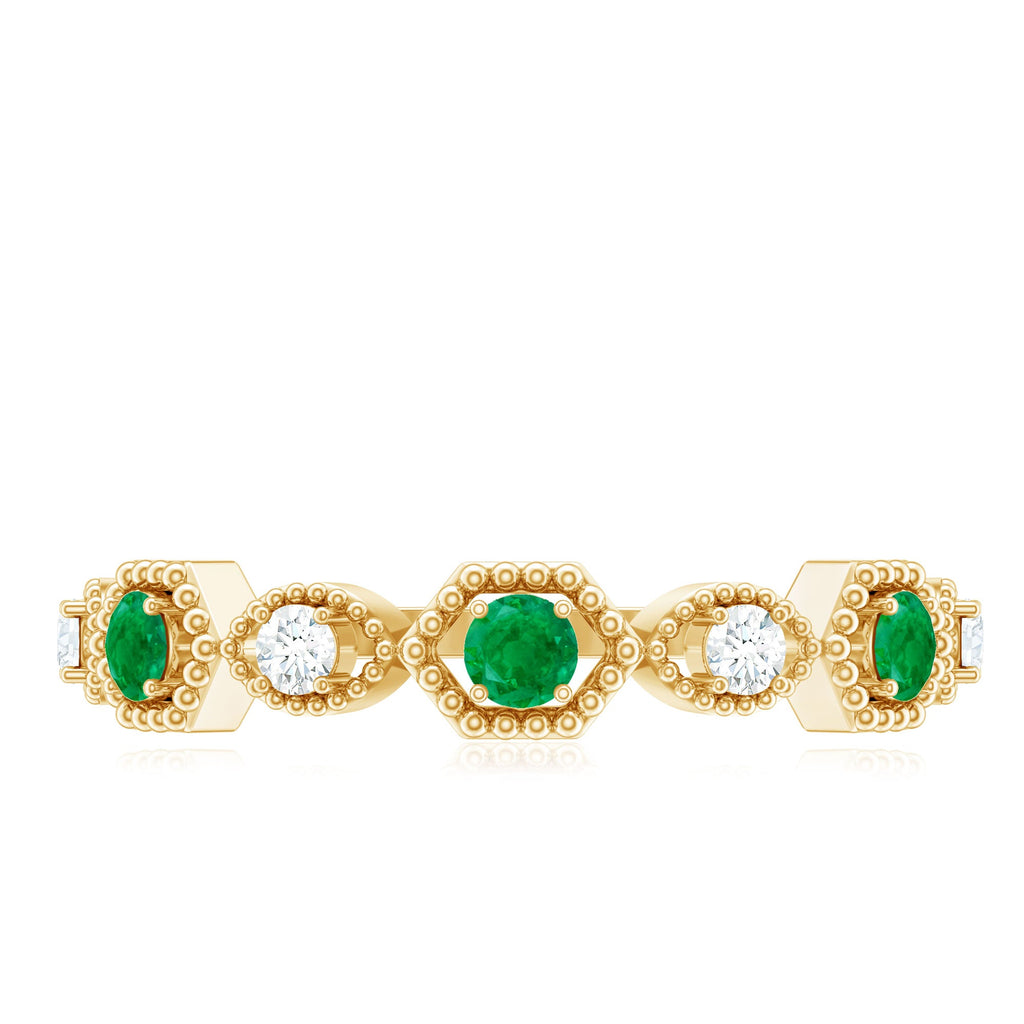 Certified Natural Emerald Art Deco Half Eternity Ring with Diamond